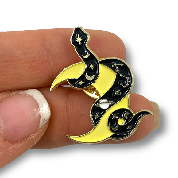 Gold enamel galaxy snake on a crescent moon pin - Picture 3 of 8